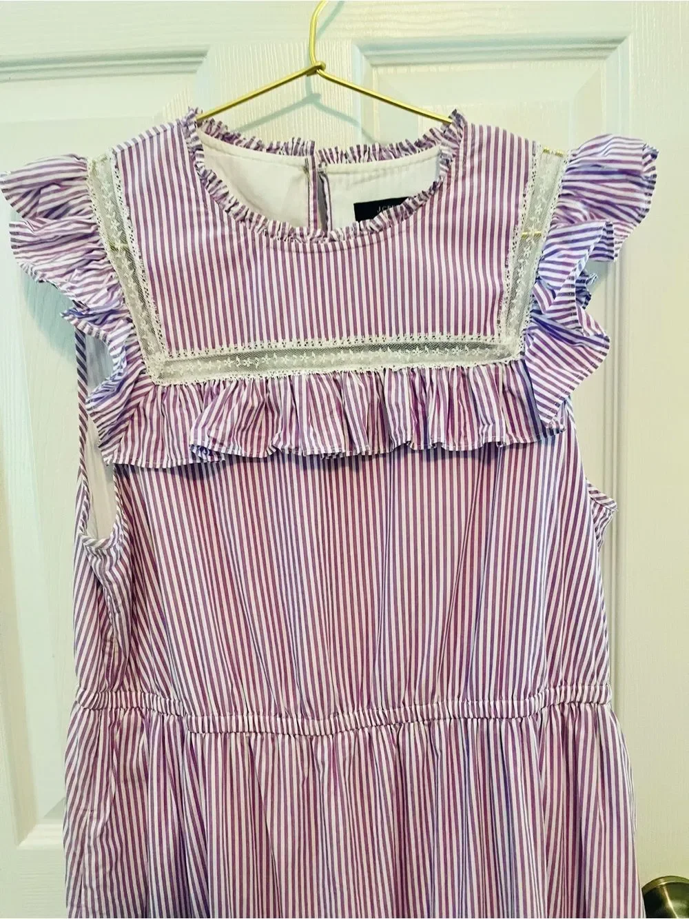 J.Crew Lavender Stripe Tiered Ruffle Midi Dress Lace Trim Cottagecore L￼